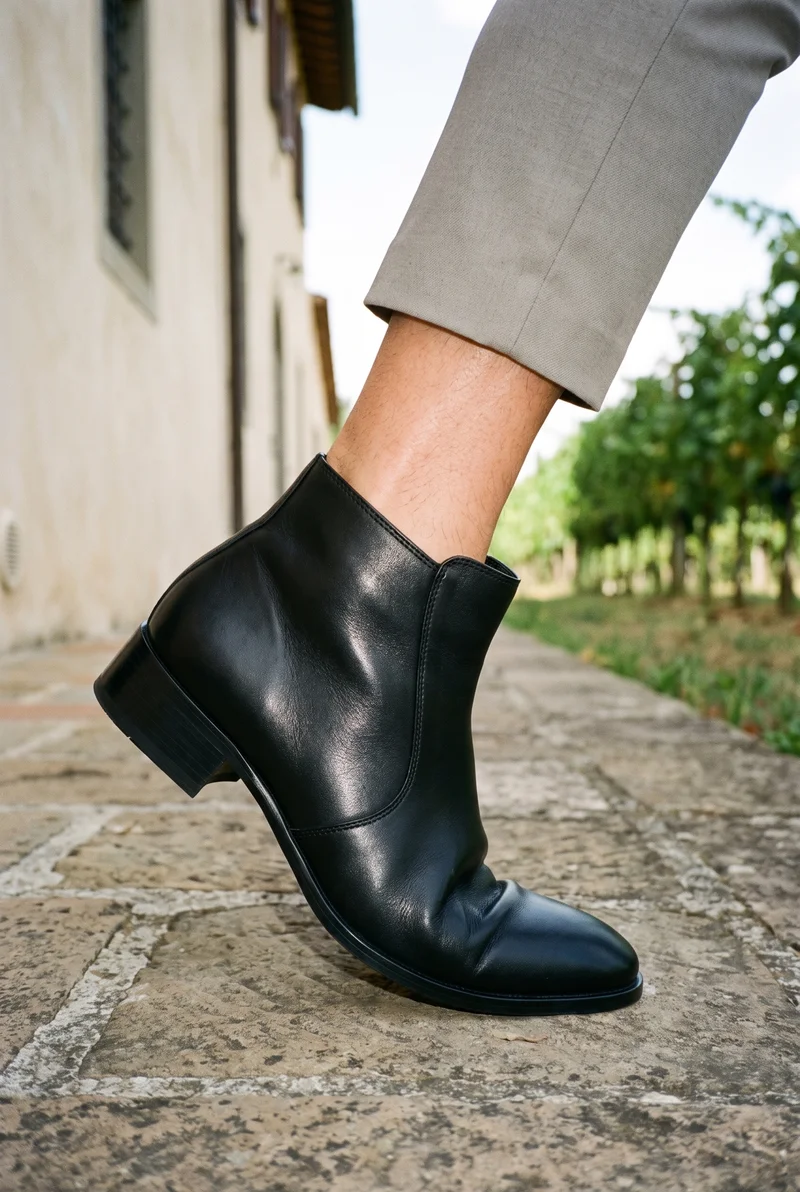 A men's heeled ankle boot shown from the side with the ankle flexed. The boot is framed at ankle level against an Italian villa terrace backdrop.
