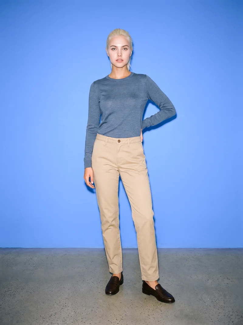 A 24-year-old Caucasian woman wears women's khaki chinos in a full-body front view, standing with one hand on her lower back and a natural expression. A cornflower-blue studio-wall backdrop fills the background.