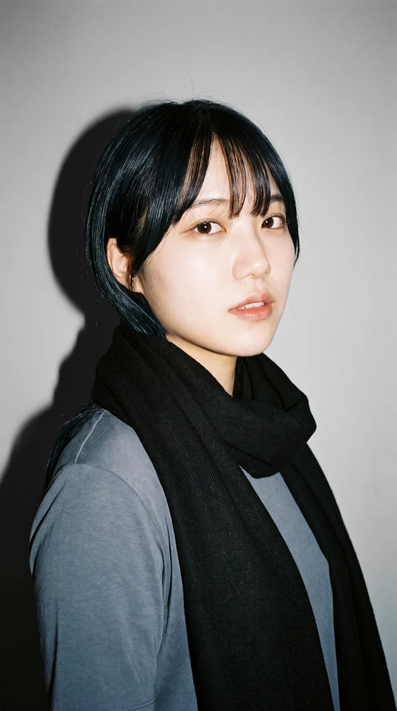 A 20-year-old Japanese woman wears a black pashmina shawl in a bust-length view. She faces the camera from a front three-quarter angle with her shoulders square and a neutral expression, against a dove grey studio-wall backdrop.