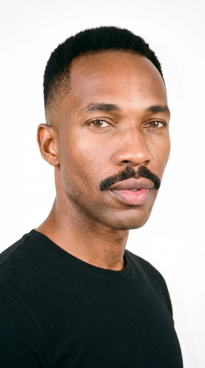 A 31-year-old African man with medium-brown skin and a red-copper undertone has a long face that is more elongated than wide, with a tall forehead and elongated cheeks. His eyebrows are medium in thickness, and his hazel eyes contain green-gold flecks. He has very full lips and a thick, bold chevron moustache over the upper lip, angled downward at the sides. His black hair is styled in a fade, longer on top and tapering to very short sides that blend down to the skin.