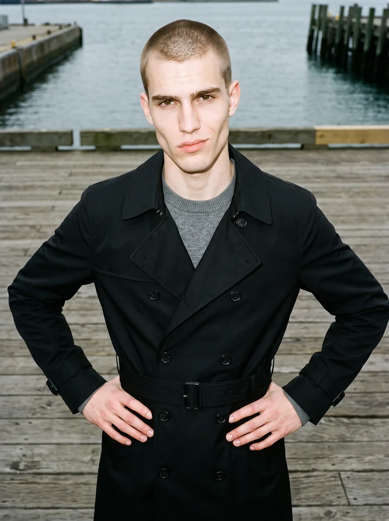 A 20-year-old Caucasian man wears a black trench coat in a three-quarter-length front view, standing with his hands on his waist and a curious expression. A Nantucket Wharf backdrop is visible behind him.