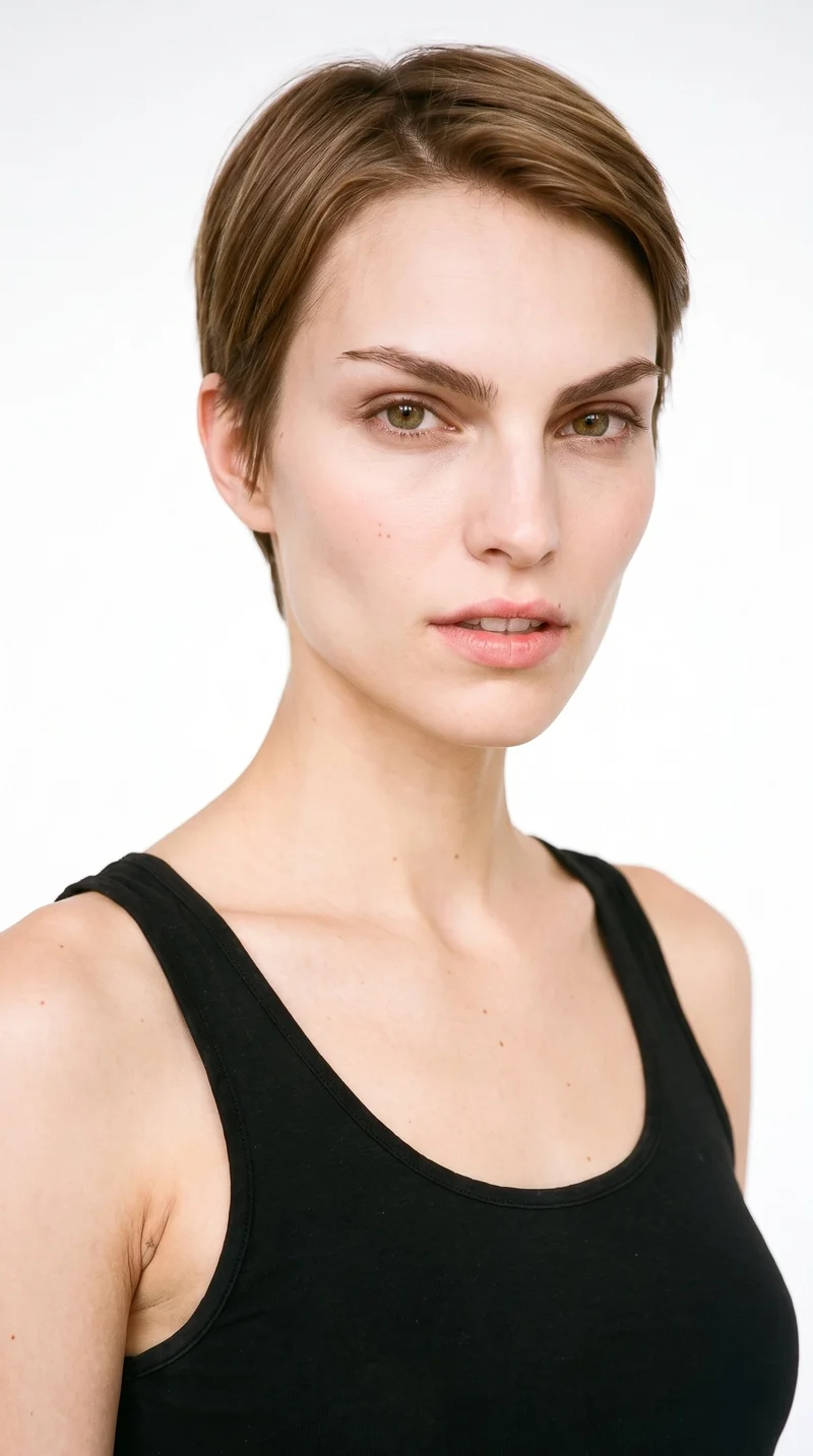 This 26-year-old Caucasian woman has fair skin with a warm golden undertone and an angular face defined by sharp cheekbones and a structured jaw. Her eyebrows are thin, and her medium lips frame hazel eyes with green-gold flecks. She wears a very short light-brown pixie cut, close at the sides with more length on top.