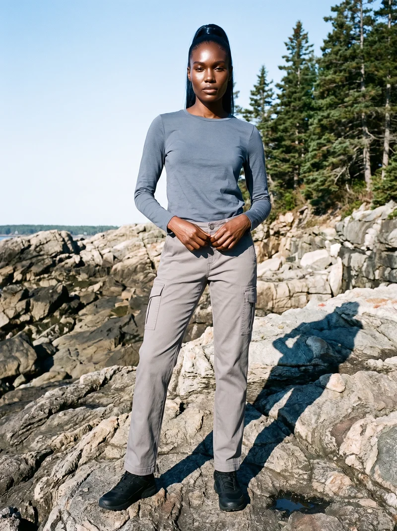 A 31-year-old African female model wears women's grey cargo pants in a full-body front view, standing with her hands in front and a neutral facial expression. An Acadia coastal rocks backdrop is visible behind her.