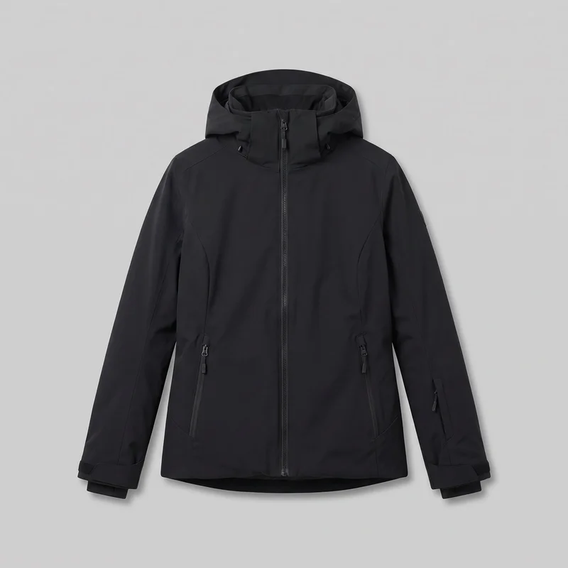 Women's black ski jacket shown in a single front view with a hood around the raised stand collar, a full-length center-front zipper, long sleeves, and a hip-length body with a slightly curved drop-back hem. The jacket has shaped vertical and curved panel seams, two lower slanted zip pockets, adjustable cuff tabs, and a visible zip pocket on one lower sleeve.