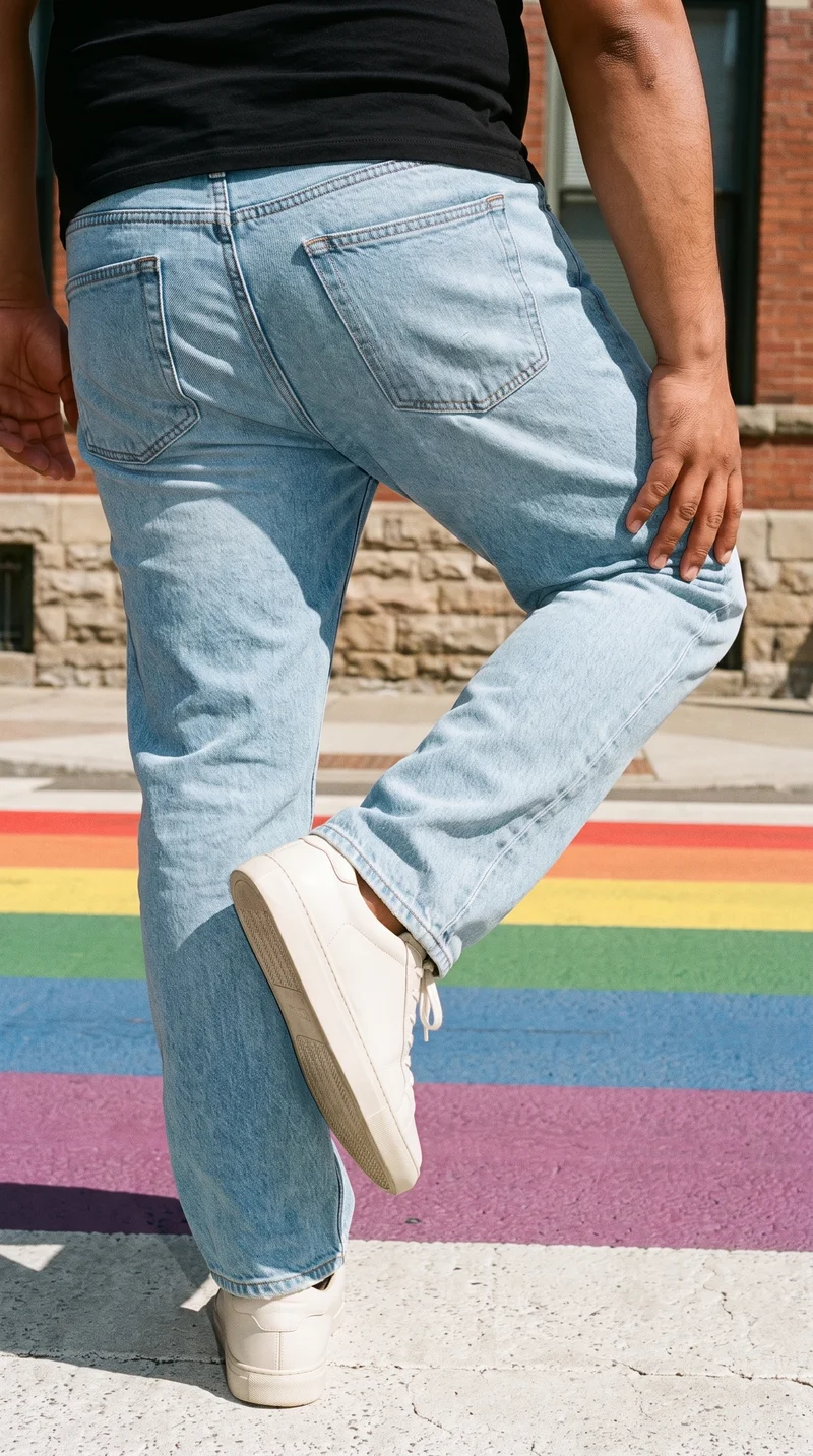 Men's light wash straight jeans shown from the back in a lower-body view extending from the feet to the calves, with a rainbow crosswalk and Victorian houses as the backdrop.