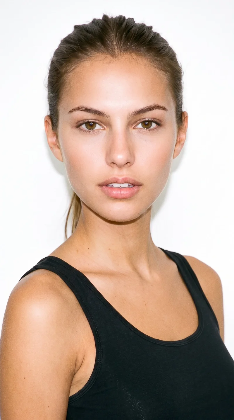 This 21-year-old Caucasian woman has lightly tanned fair skin with a neutral undertone. Her triangular face has a wide jaw that narrows toward the forehead, emphasizing the lower face. She has thin eyebrows, hazel eyes with green-gold flecks, and thin lips. Her medium-brown hair is tied back into a ponytail with a single longer length falling behind her.