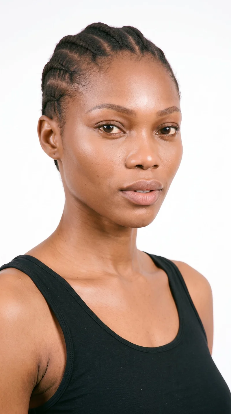 This 26-year-old African woman has medium-brown skin with a red-copper undertone and an oval face with balanced proportions and a softly rounded jaw. Her thick eyebrows frame brown eyes, and she has full lips. Her dark-brown hair is styled in continuous cornrows worn flat against the scalp.