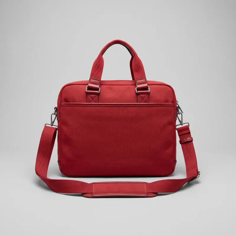 A red structured briefcase-style crossbody bag is shown in a mostly complete front view. It has a rectangular body with rounded corners, piped edges, a full-width front slip pocket, dual arched carry handles, and an attached adjustable shoulder strap with a rectangular shoulder pad and slider hardware. The top zipper, side clips, metal rings, reinforced stitching, and lower handle-tab X stitching are visible.