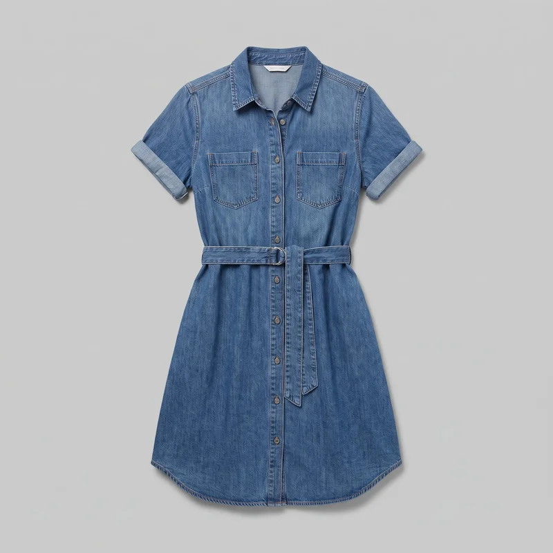 A complete front view of a women's denim short-sleeve shirtdress laid flat or mounted as a standalone product. It features a pointed fold-down collar, full-length front button placket, rolled sleeves, two chest patch pockets, a defined waist with a matching belt and D-ring buckle, and an A-line skirt with a curved shirt-tail hem. Contrast topstitching is visible along the collar, shoulders, placket, pockets, belt, sleeve cuffs, and hem.