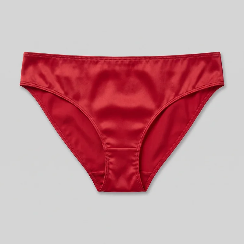 Red satin women's bikini brief underwear shown in a standalone front flat-lay view. The close-fitting design has a low-rise straight waistband, high-cut curved leg openings, visible parallel stitching along the elasticated edges, curved side shaping, and a narrow central gusset panel.