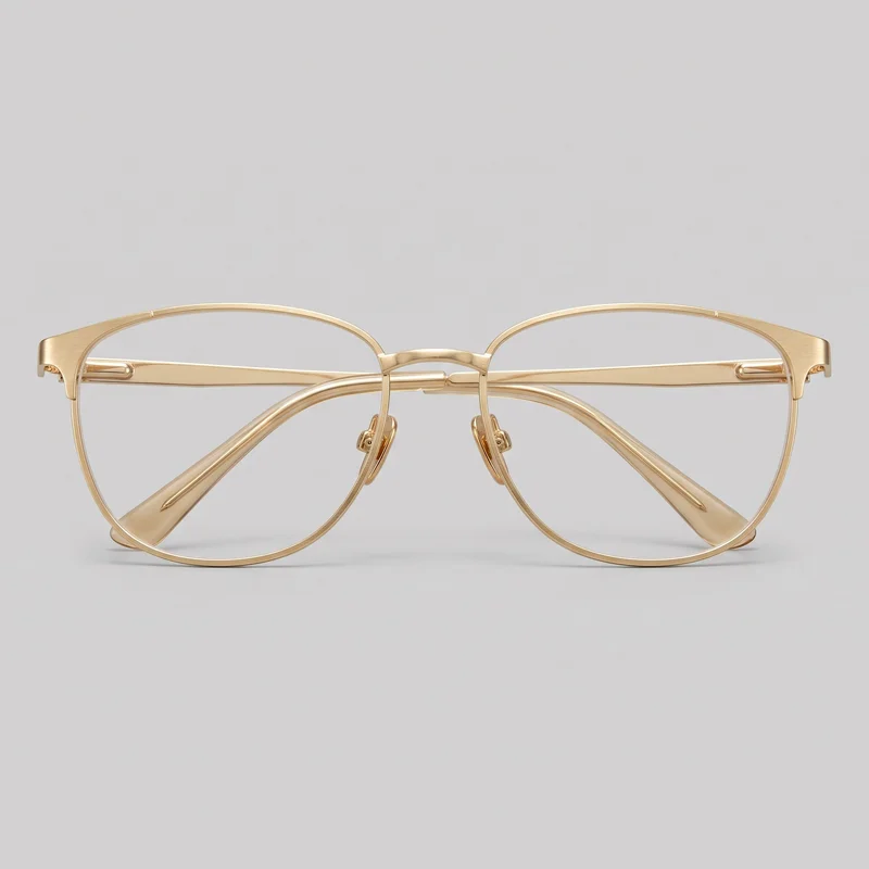 Standalone front view of women's gold metal optical glasses with slim full-rim aviator-style frames and rounded teardrop lenses. The glasses have a narrow double bridge, adjustable nose pads, angular upper outer corner caps at the hinges, and folded-back temple arms with tapered tips; no logos, prints, or embellishments are visible.