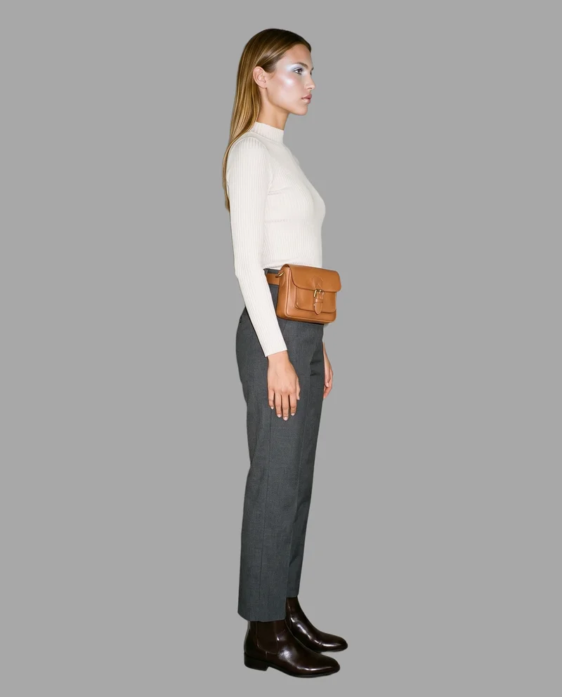 Women's Tan Leather Belt Bag, Full body at Side, Studio Cutout lighting