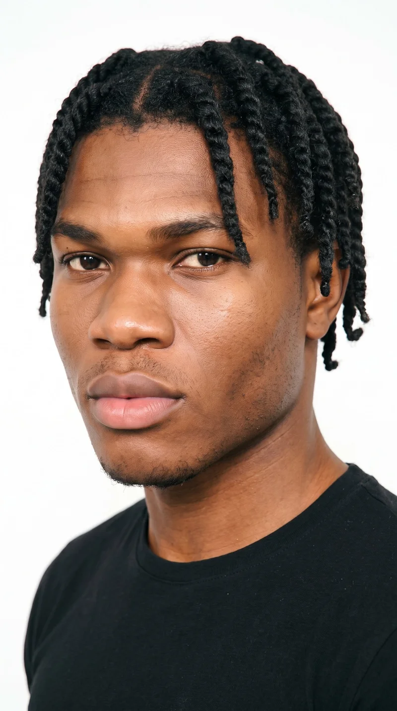 An 18-year-old African male with medium-brown skin and a neutral undertone has a rugged, characterful face with a heavy jaw. He has thick eyebrows, brown eyes, and full lips. His black hair is divided into defined sections and formed into rope-like twists. He is clean-shaven, with smooth skin across the whole face.