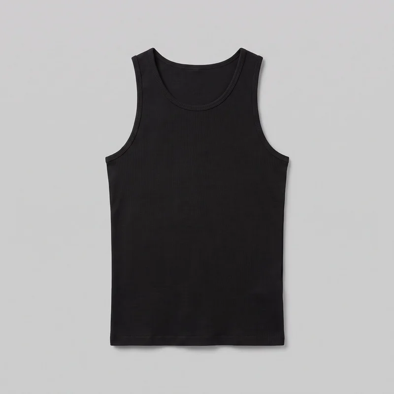 A complete front-facing view of a black sleeveless ribbed tank top laid flat. It has a slim straight silhouette, full-length body, rounded scoop neckline, wide shoulder straps, high-cut armholes with raised bound trim, fine vertical ribbing, and a straight folded stitched hem.