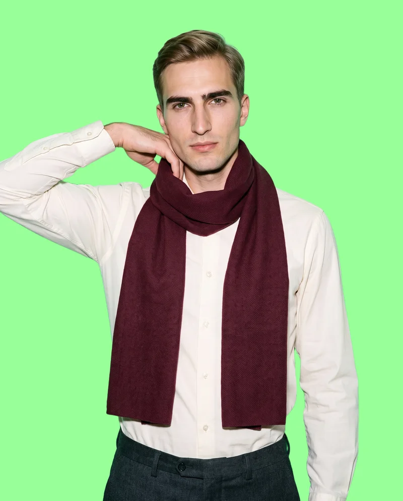Men's Burgundy Wool Scarf, Upper body at Front, Studio Cutout lighting