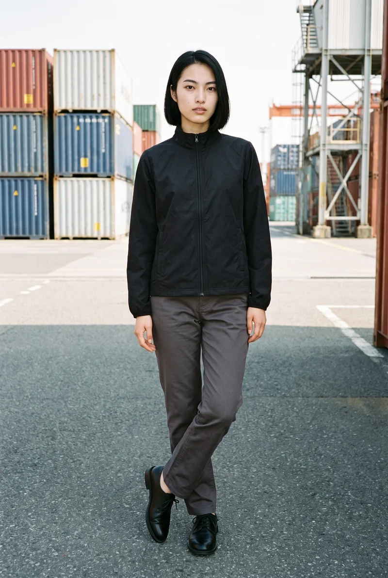A 22-year-old Japanese woman wears a women's black track jacket in a full-body front three-quarter view. She stands with her ankles crossed and a neutral expression, with shipping containers forming the backdrop.