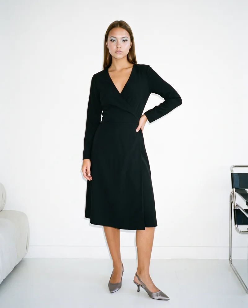 Black Wrap Dress, Full body at Front, Clean Catalog lighting