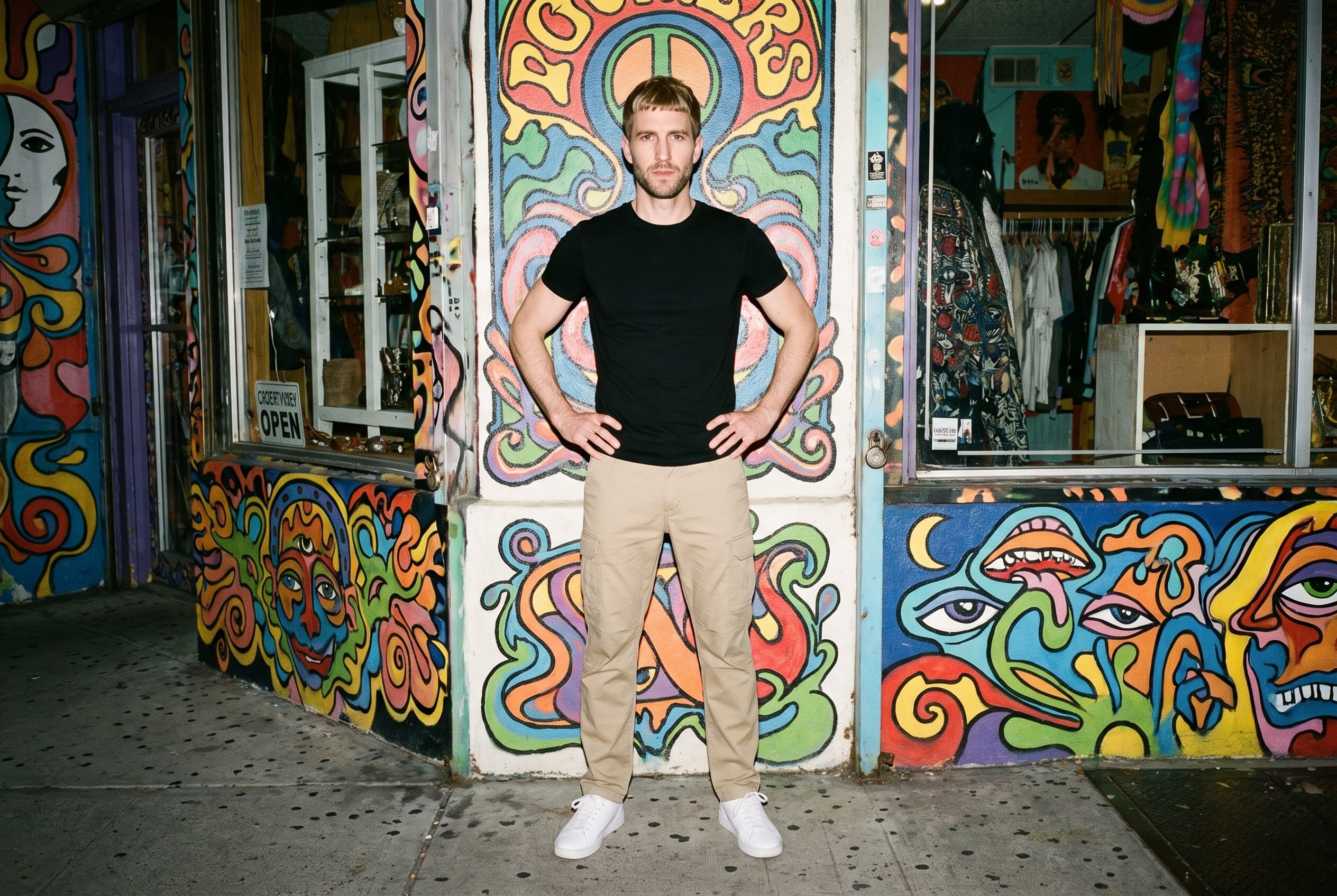 A 43-year-old Caucasian man models men's khaki cargo pants in a full-body front view, standing with his hands on his hips and a neutral expression. A Bohemian District Vintage Psychedelic backdrop is visible behind him.