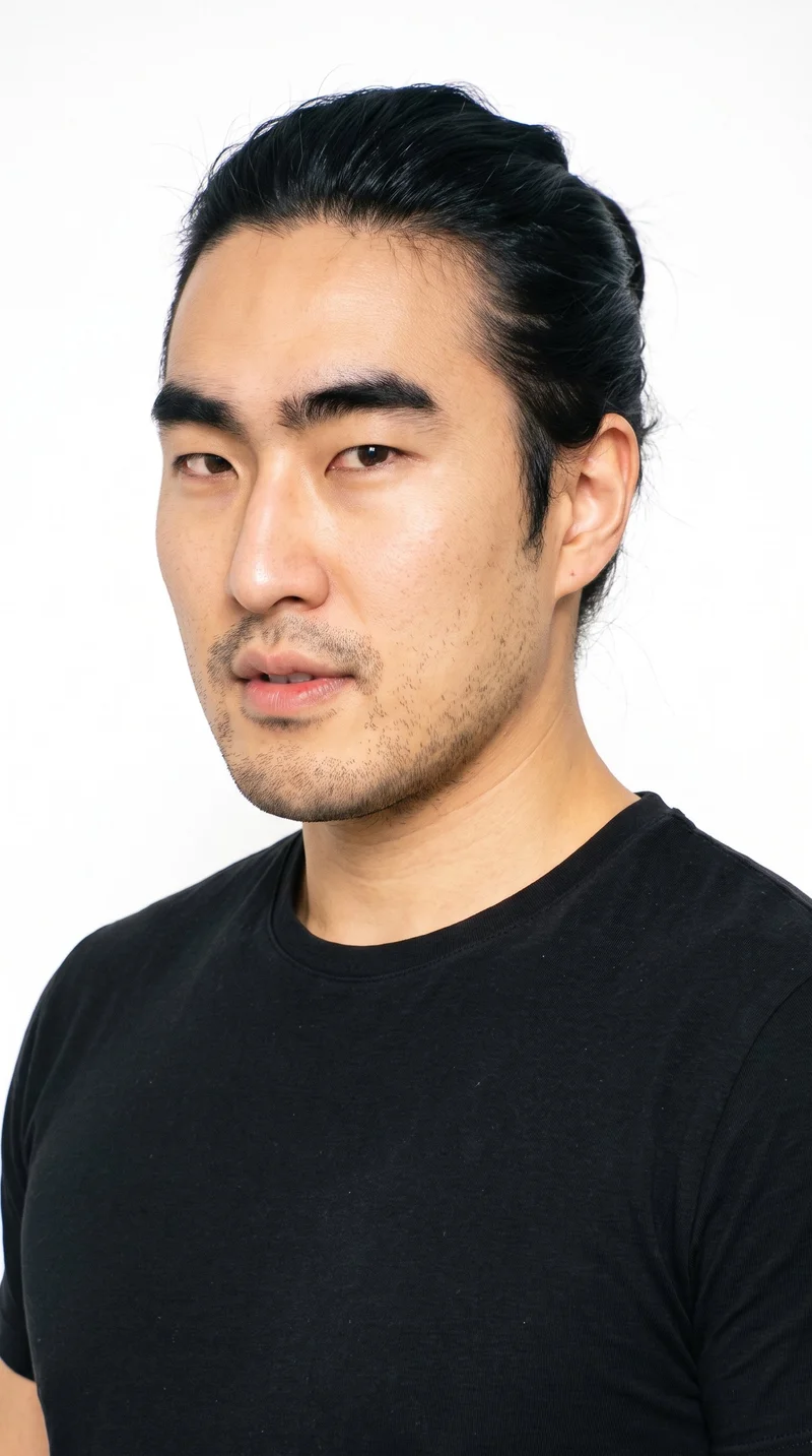 A 34-year-old Korean man with fair skin and a warm yellow undertone has a weathered, strongly defined face with medium-thickness eyebrows, very dark near-black eyes, and medium lips. His black hair is gathered into a knot at the back with the sides drawn up, and very short facial-hair growth creates a faint, even shadow across the beard area.