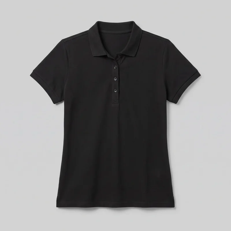 A women's black short-sleeve polo shirt is shown laid flat in a complete front view. It has a fold-over ribbed polo collar, four visible buttons on a partial center placket, set-in sleeves with hem bands, a slim shaped silhouette, small side hem slits, and a straight full-length hem.