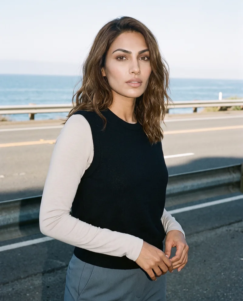 A 35-year-old Indian woman wears a black sweater vest in an upper-body front three-quarter view, with her hands positioned in front and a natural facial expression. The Pacific Coast Highway appears as the backdrop.