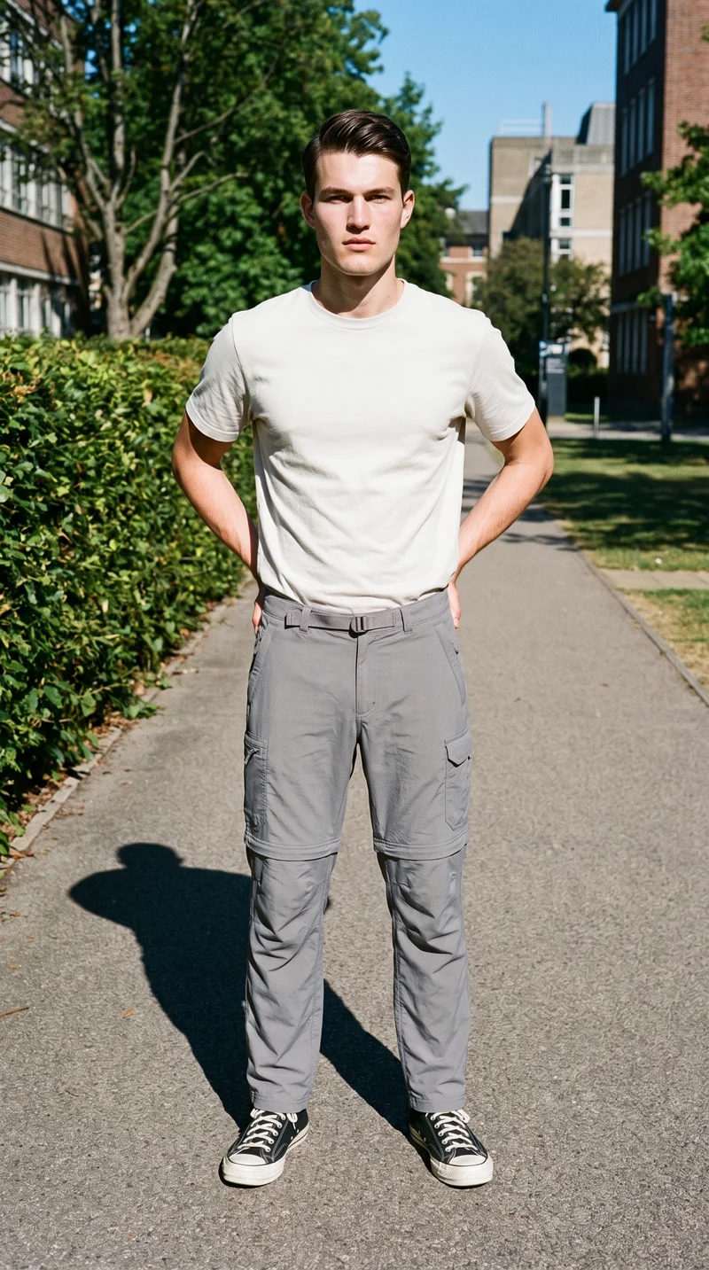 A 19-year-old Caucasian man wears grey convertible hiking trousers in a full-body front view. He stands with a wide stance and a confident expression against a campus quad backdrop.