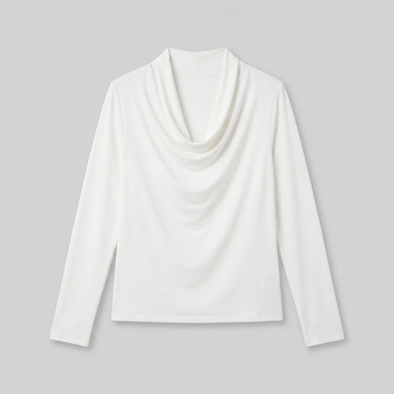 White women's long-sleeve top laid flat in a mostly complete front view. It has a deep soft draped cowl neckline with layered folds, a straight body, full-length fitted sleeves, and a straight lower hem.