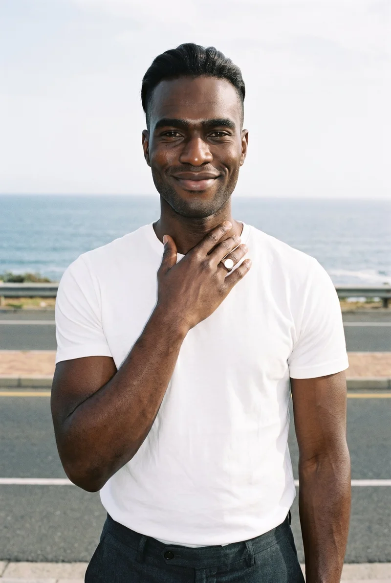 A 38-year-old African man is shown from the upper body in front view, smiling with one hand held at his collarbone to display a silver signet ring. The Pacific Coast Highway appears as the backdrop.