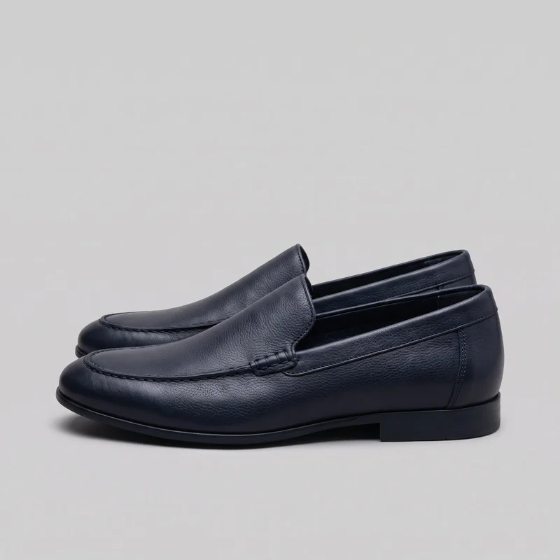 A pair of men's navy blue pebbled-leather slip-on loafers is shown as standalone footwear in side view. The shoes have rounded apron toes, raised vamps, stitched quarters and side panels, piping around the collars and vamp openings, vertical heel seams, slim dark soles, and low block heels.