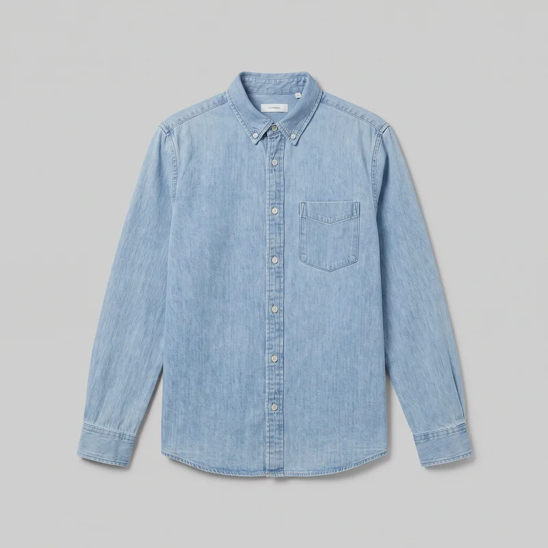 Light wash denim long-sleeve button-down shirt laid flat in a standalone front view. The shirt has a pointed button-down collar, full front button placket, one chest patch pocket on the wearer's left side, seamed cuffs, and a curved shirt-tail hem.