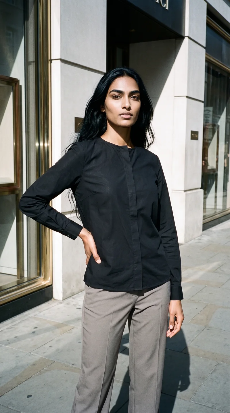 Black Classic Blouse, Three-quarter length at Three-quarter, Flash Editorial lighting