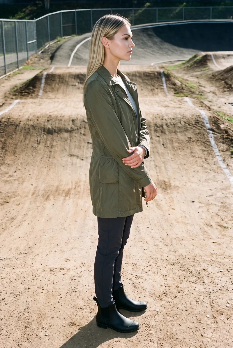 Women's Olive Packable Raincoat, Full body at Side, Flash Editorial lighting
