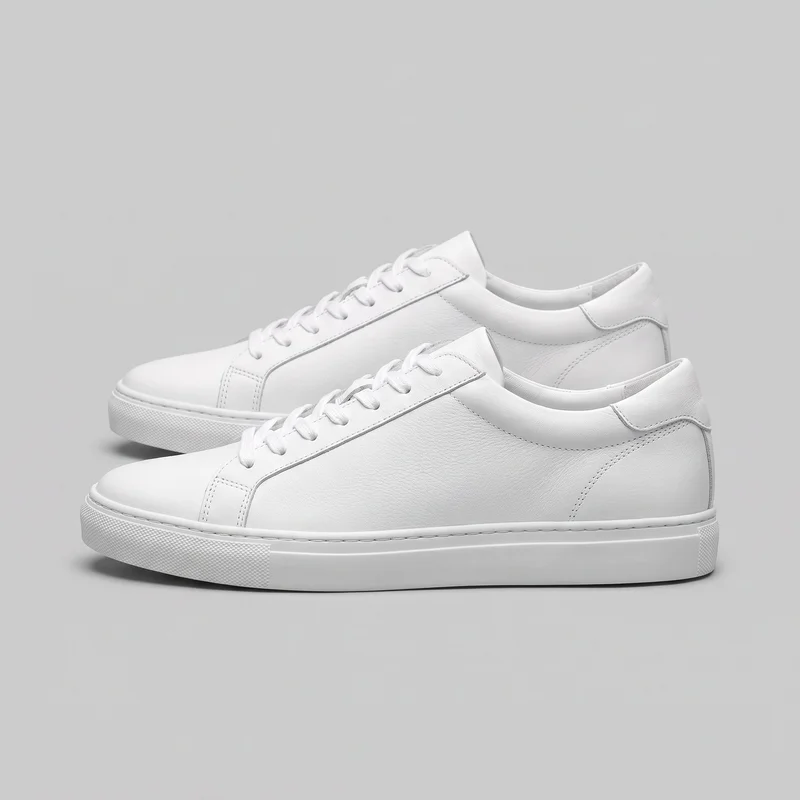 A pair of white leather low-top lace-up sneakers is shown as a standalone product from a lateral side and slight three-quarter angle. The view shows the rounded closed toes, padded collars, central lace-up fronts, stitched paneling, raised heel overlays, and flat platform cupsoles with textured toe and heel sidewalls.