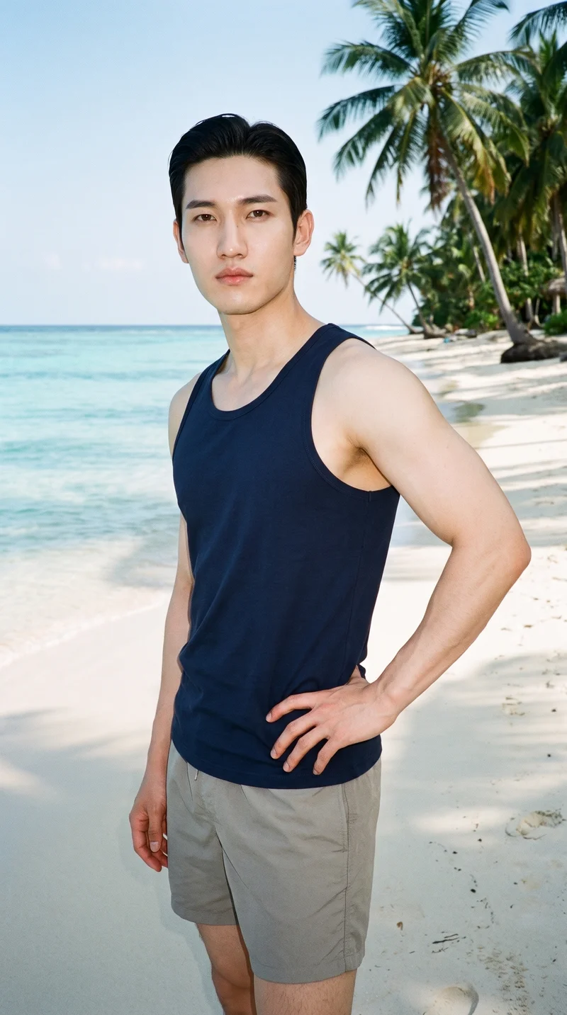 Men's Navy Blue Tank Top, Three-quarter length at Three-quarter, Natural E-Commerce lighting