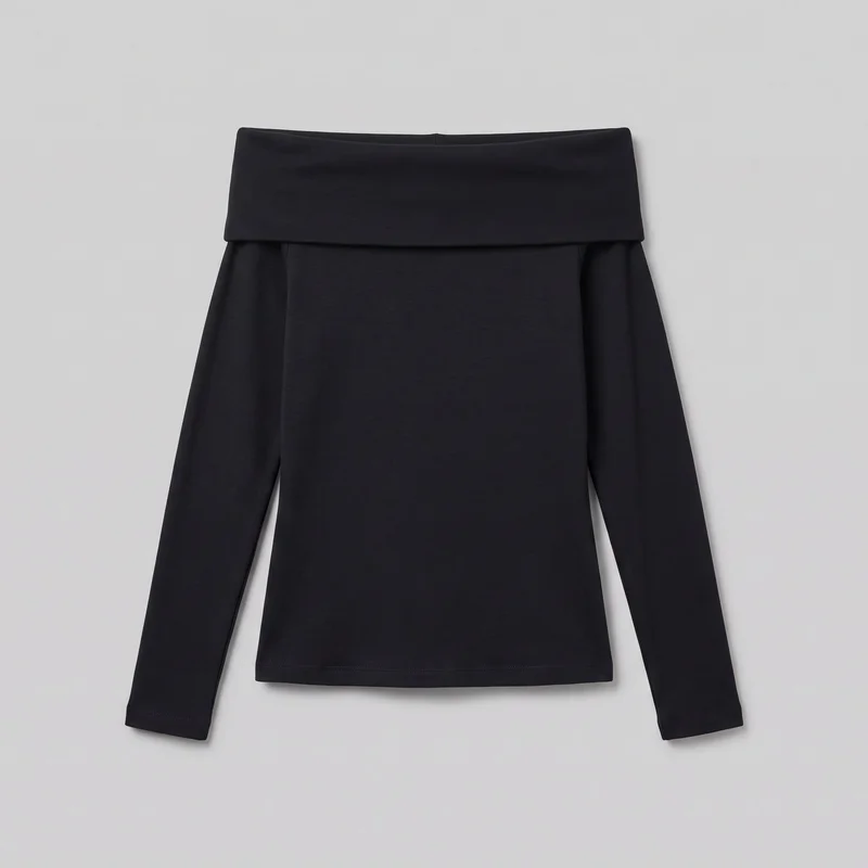 A black women's off-the-shoulder long-sleeve top is shown as a full standalone product view. It has a slim, close-fitting silhouette, a wide straight foldover neckline band, narrow full-length sleeves with stitched cuffs, a straight full-length body, and a straight stitched hem.