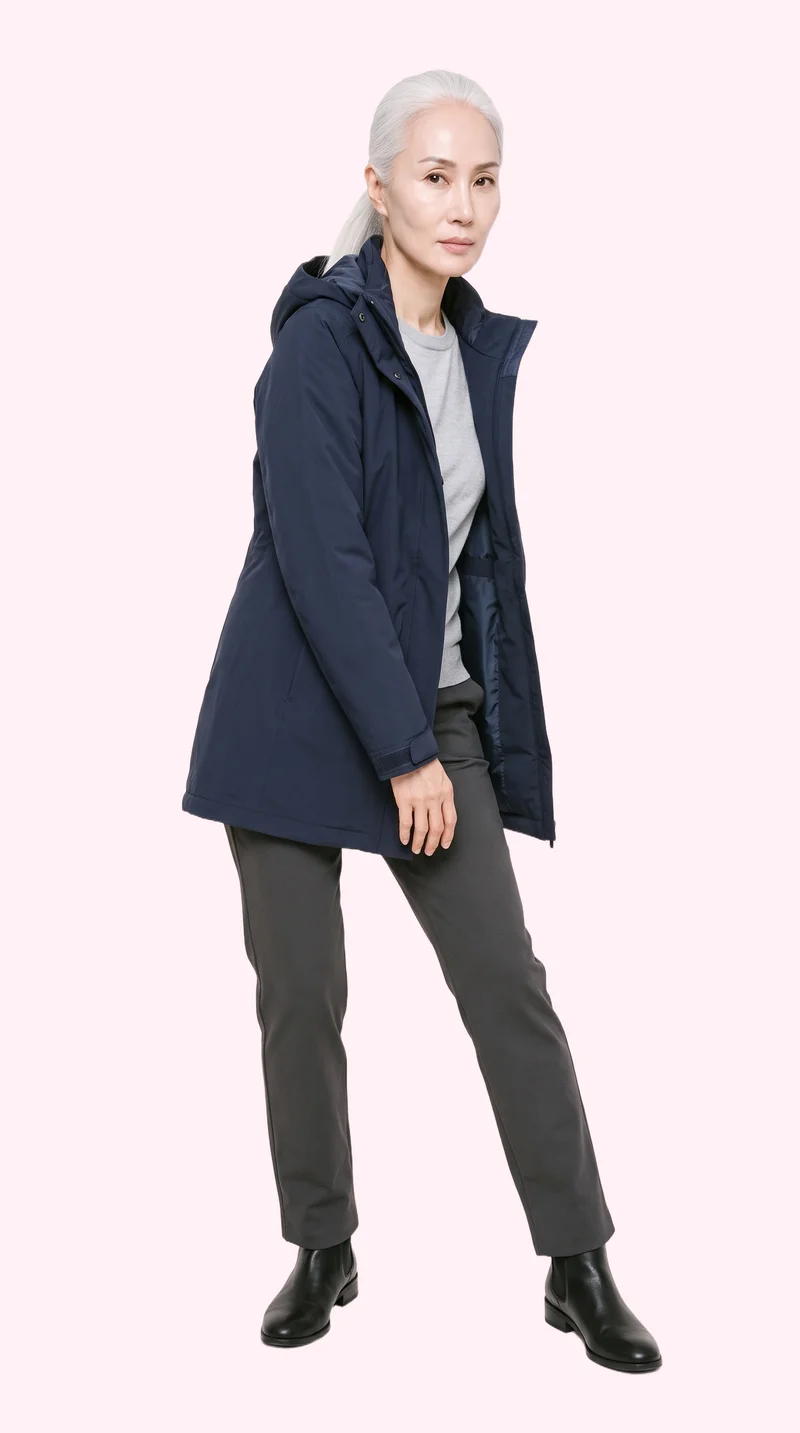 Women's Navy Waterproof Parka, Full body at Front, Studio Cutout lighting