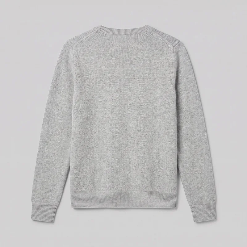 Grey cashmere knit pullover sweater shown as a standalone back view. The garment has a regular-fit silhouette, long raglan sleeves, a ribbed crew neckline, ribbed cuffs, a ribbed straight hem, and visible raglan seam lines over a fine allover knit surface.