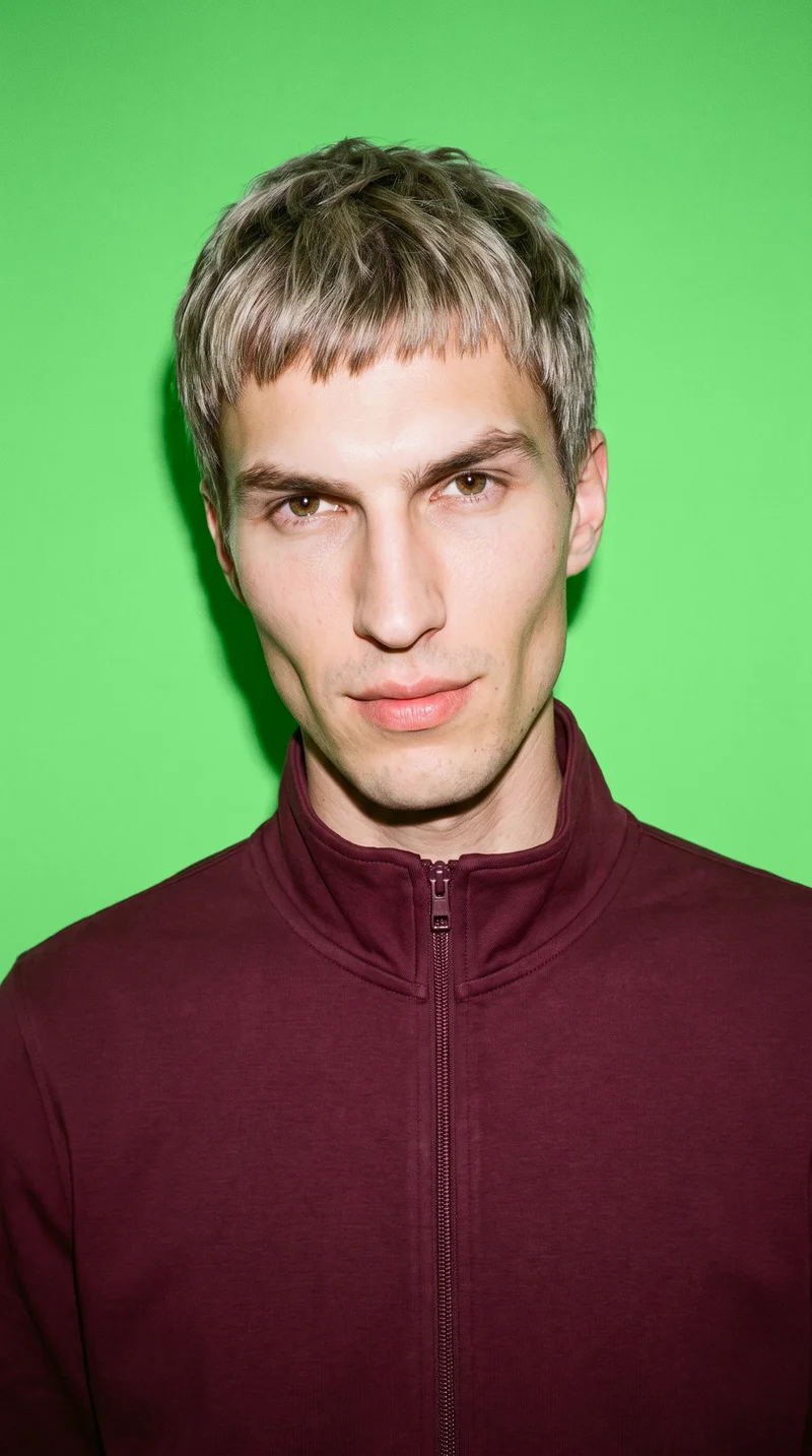 A 27-year-old Slavic man wears a burgundy tracksuit in a front-view selfie with his head tilted and a confident expression. A mint-green studio-wall backdrop fills the background.