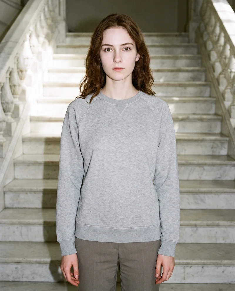 Women's Grey Crewneck Sweatshirt, Upper body at Front, Flash Editorial lighting