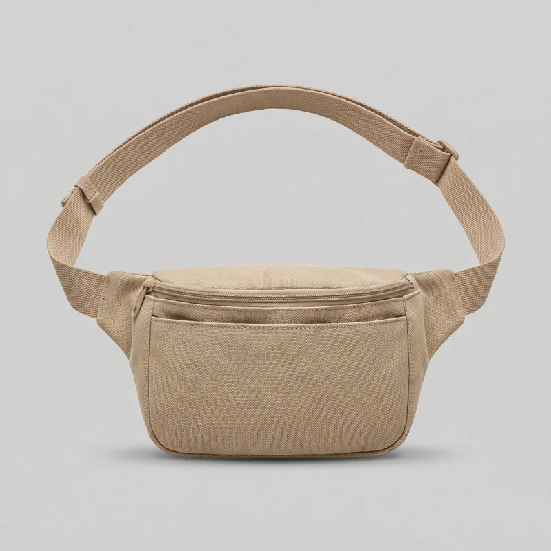 A standalone front view of a men's beige belt bag with a softly structured rectangular pouch, rounded bottom corners, stitched edge piping, and a horizontal top zipper with a visible pull. A front pocket panel seam, side strap attachments, strap keepers, and a ring-style adjuster are visible, with the wide adjustable strap arched above the bag.