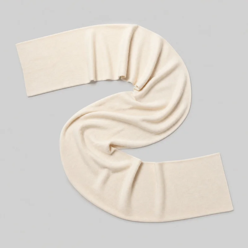 A single cream knit wrap scarf is laid flat in an S-shaped drape, viewed from overhead. Its loose rectangular body has straight narrow ends, clean rectangular corners, subtle ribbed finished edges, and soft folds gathered through the center.