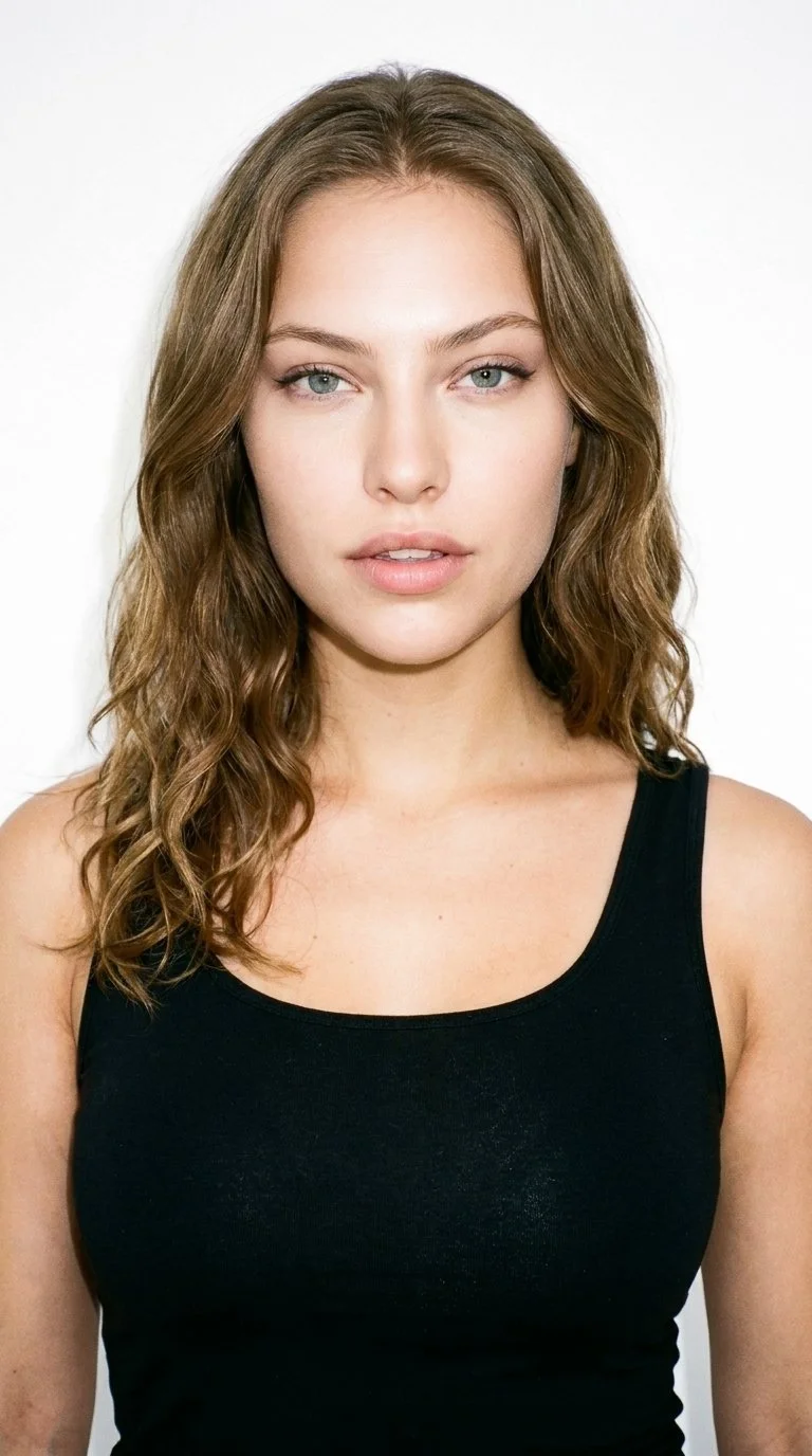 A 20-year-old Caucasian woman with medium olive skin and a neutral greenish-golden undertone. Her heart-shaped face has a wider forehead that narrows to a pointed chin, with thin eyebrows, blue eyes with a cool undertone, and full lips. Her light-brown hair falls in soft, natural waves.