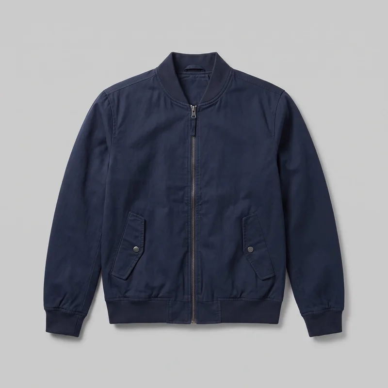 A navy waist-length bomber jacket is shown laid flat in a mostly complete front view. It has a rounded ribbed stand collar, full-length set-in sleeves, ribbed cuffs and hem, a center zipper with visible metal teeth, and two angled lower-front hand pockets with snap-secured flaps. Shoulder, panel, sleeve, collar, pocket, and hem seams are visible, with no logos or other embellishments.