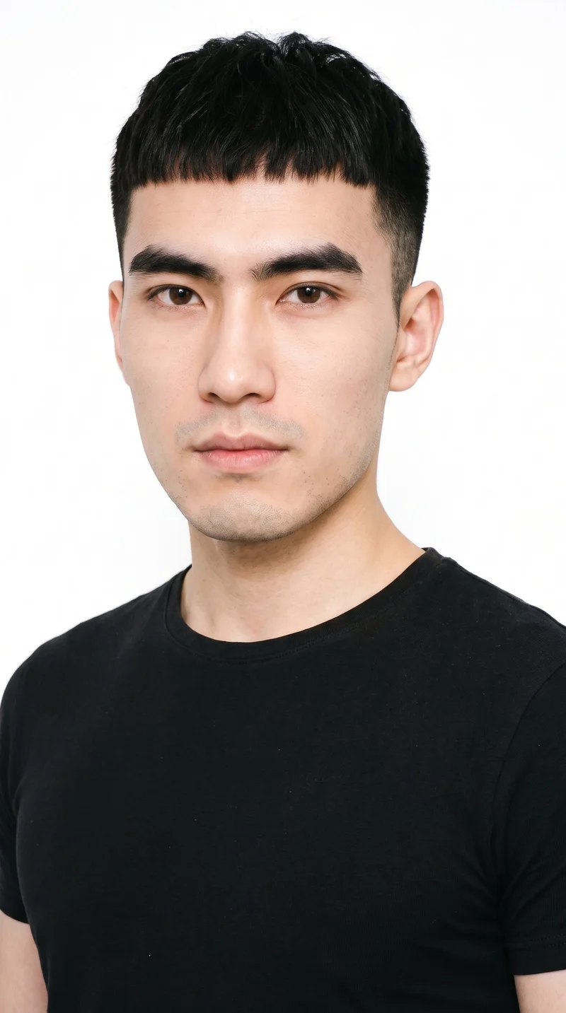 A 24-year-old Chinese man with fair skin and a cool undertone has a Roman face shape defined by strong classical features, a prominent nose line, and a defined jaw. He has thick eyebrows, brown eyes, and thin lips. His black hair is styled in a French crop with short sides and a short, blunt fringe, and he is clean-shaven.