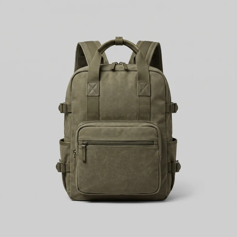 A single olive utility backpack is shown in a standalone front view against a backdrop. It has an upright rectangular body with rounded top corners, a curved top carry handle secured by a wrap tab, and padded shoulder straps. The front features a top main compartment with dual zipper pulls, a raised rectangular compartment with rounded corners and piping, and a horizontal zip pocket with a pull tab. Lower side slip pockets, adjustable side compression straps with rectangular slide buckles, bound edges, panel seams, stitched strap anchors with X reinforcement, zipper tape, and a subtly woven exterior texture are visible.