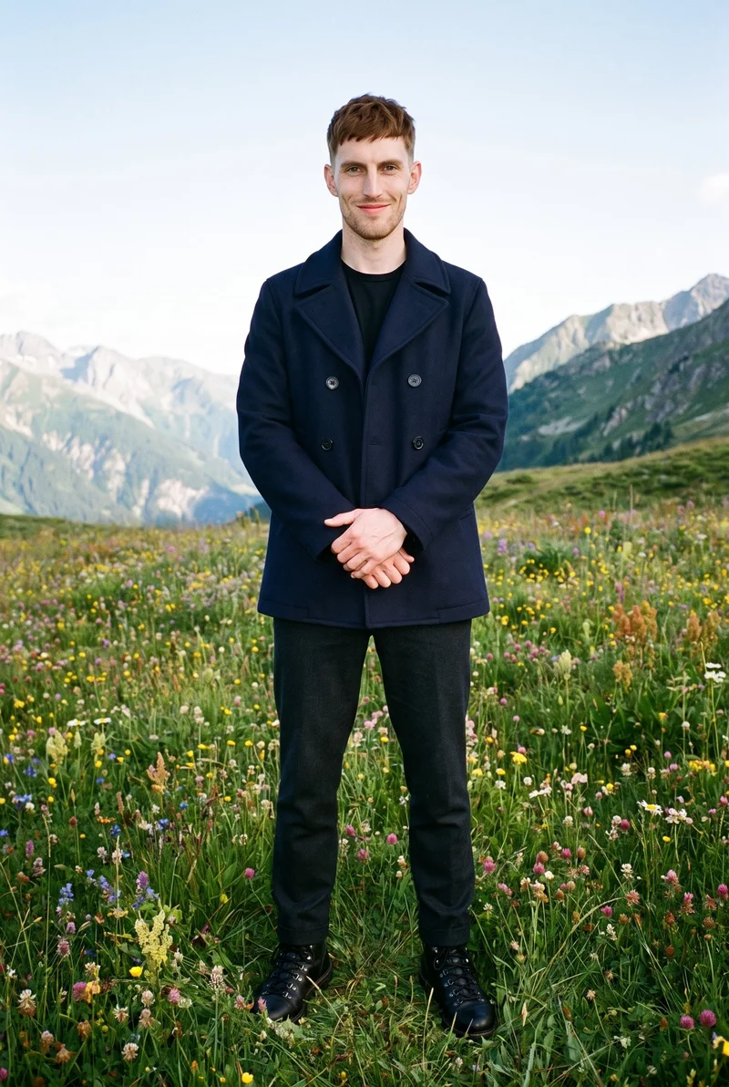 A 30-year-old Caucasian man is shown full body from the front, smiling with his hands in front while wearing a men's navy double-breasted wool coat. A wildflower mountain meadow serves as the backdrop.