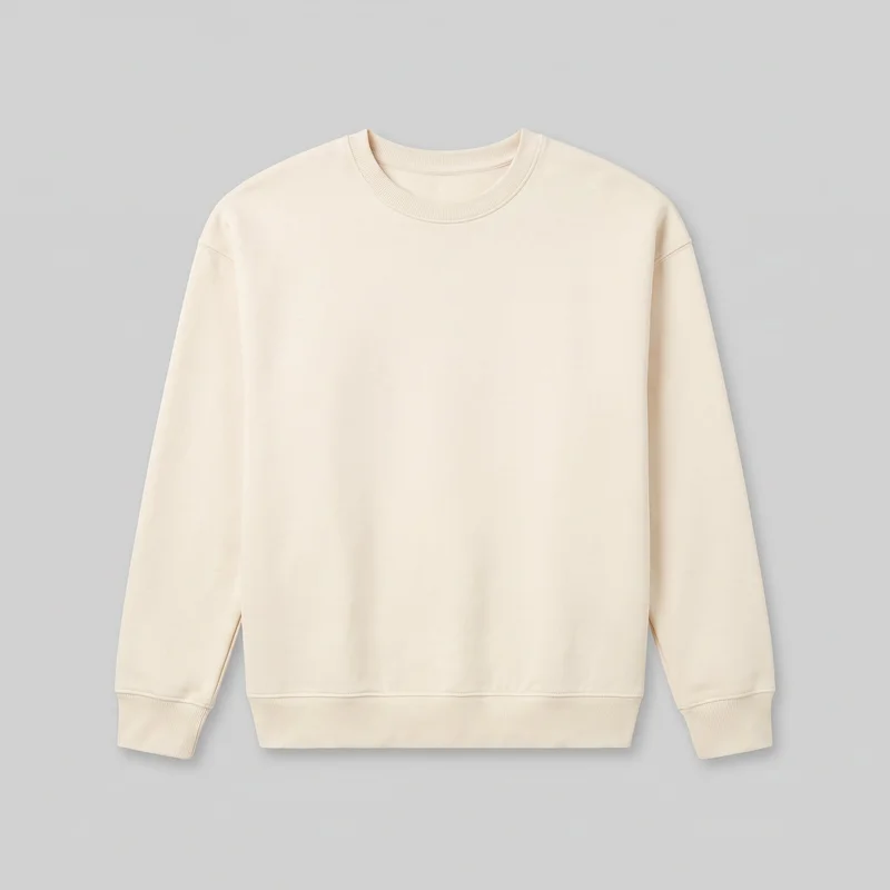 A cream oversized women's crewneck sweatshirt is shown as a mostly complete standalone front view. It has a relaxed, boxy straight-cut body, dropped shoulder seams, long sleeves, a ribbed crew neckline, matching ribbed cuffs, and a wide ribbed bottom band. The plain front has no visible pockets, closures, logos, prints, patches, embroidery, or embellishments.