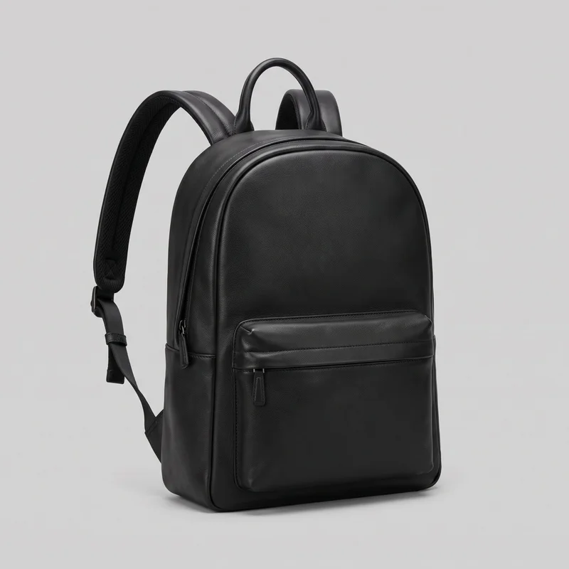 A structured black leather backpack is shown in a standalone three-quarter front view. It has an upright rectangular body with a rounded top, flat base, arched carry handle, and two padded shoulder straps. The front features a large plain panel with raised piping and a rectangular padded zip pocket across the lower section, with visible zipper pulls and stitched edging.
