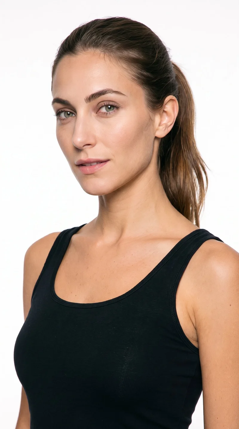 A 25-year-old Caucasian woman with lightly tanned fair skin and a cool undertone. Her oval face has balanced proportions and a softly rounded jaw, with thick eyebrows, blue eyes with a cool undertone, and thin lips. Her neutral brown hair is tied back into a single falling ponytail.