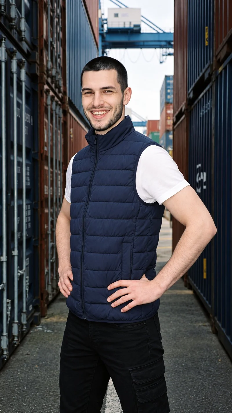An 18-year-old Caucasian male model wears a navy padded gilet in a three-quarter-length, angled front view. He stands with his hands on his hips and a grin, with shipping containers forming the backdrop.